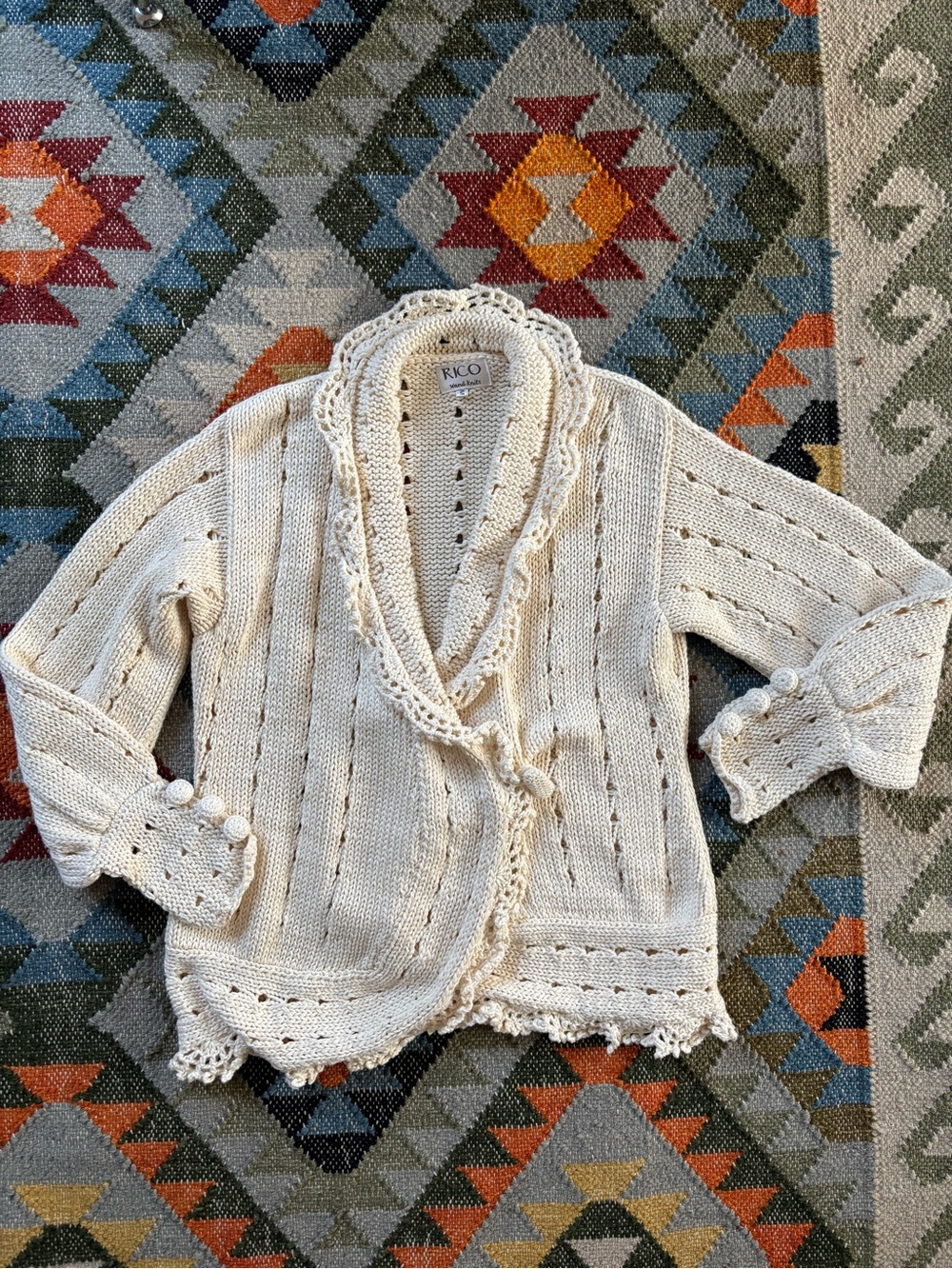 Rico Hand-Knit 100% Cotton Chunky Cottagecore Wrap Cardigan Lace Trim M